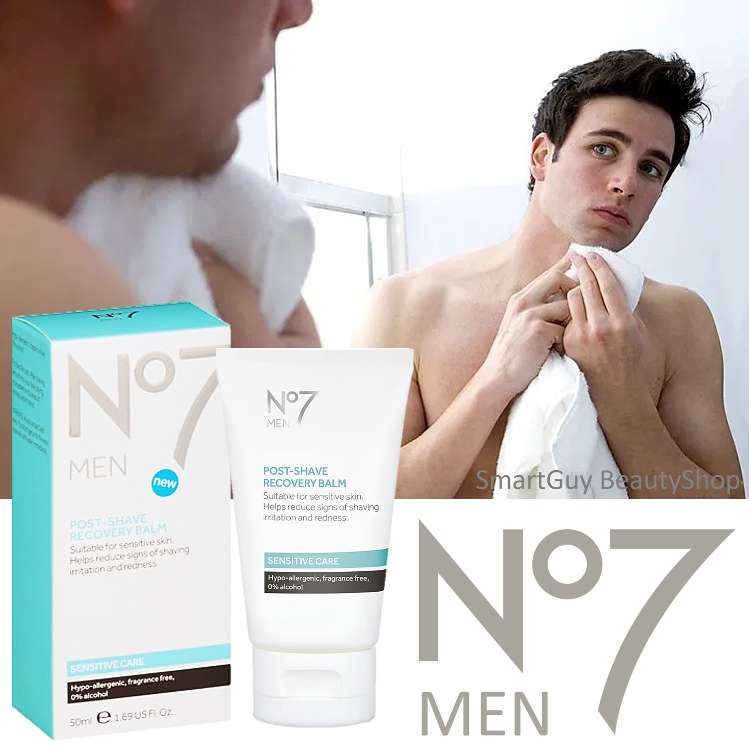 No7 Men Post Shave Recovery Balm Sensitive Care 50ml. ผลิตภัณฑ์บำรุงผิวหลังการโกนหนวดสูตรอ่อนโยนกับผิวหน้าสำหรับผู้ชาย