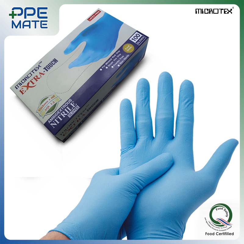 MICROTEX Microtex Extra-Touch ถุงมือไนไตรสีฟ้าสำหรับงานสัมผัสอาหาร สัมผัสน้ำมัน สารเคมี / 100 ชิ้น