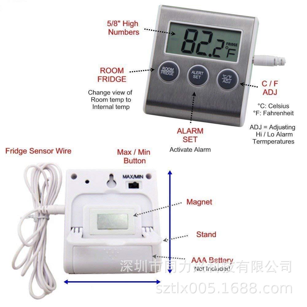 เครื่องวัดอุณหภูมิตู้เย็นดิจิตอล นาฬิกาปลุกอุณหภูมิสูงและต่ำในครัว