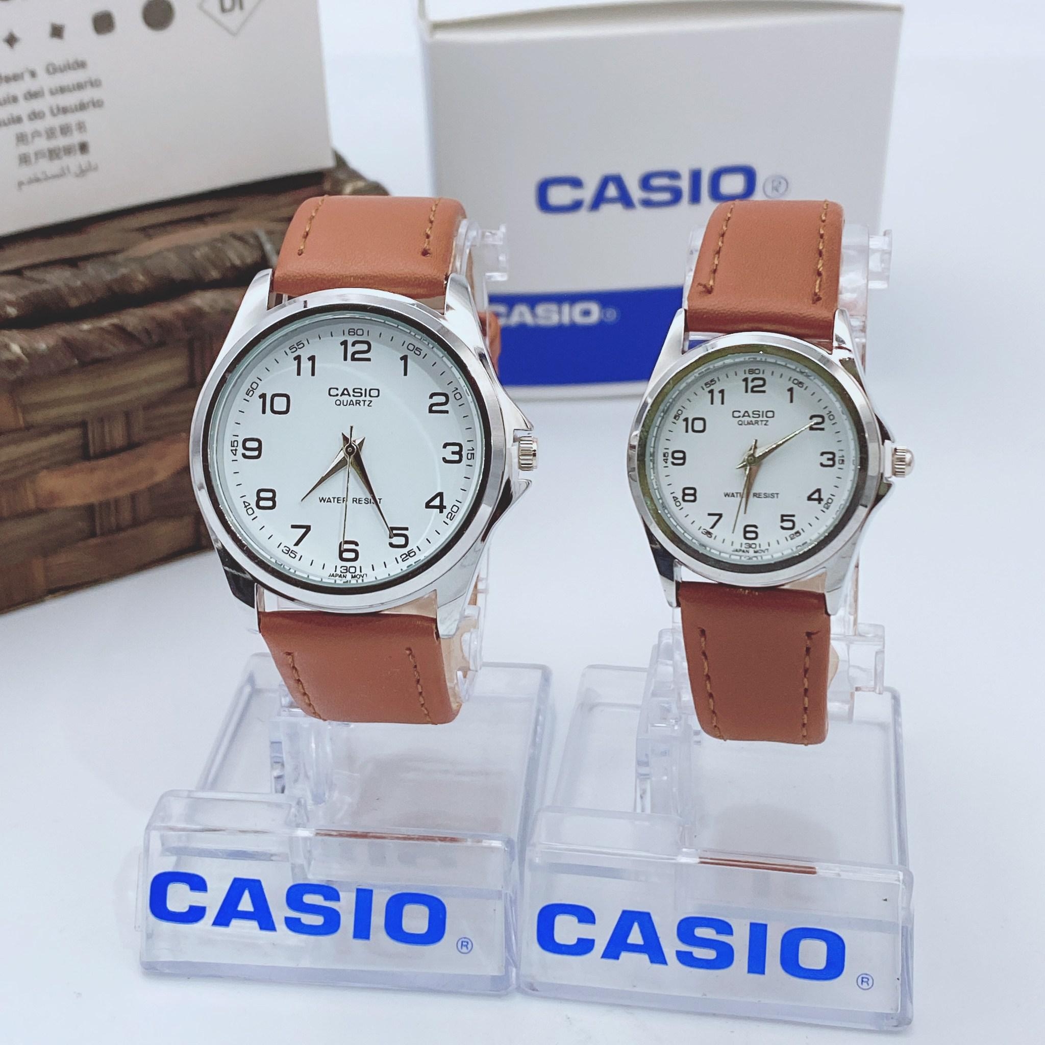 นาฬิกา Casio คู่รัก สายหนัง หน้าตัวเลขครบแบบเรียบ  แถมผ้าเช็ด+เซ็ตเวลา