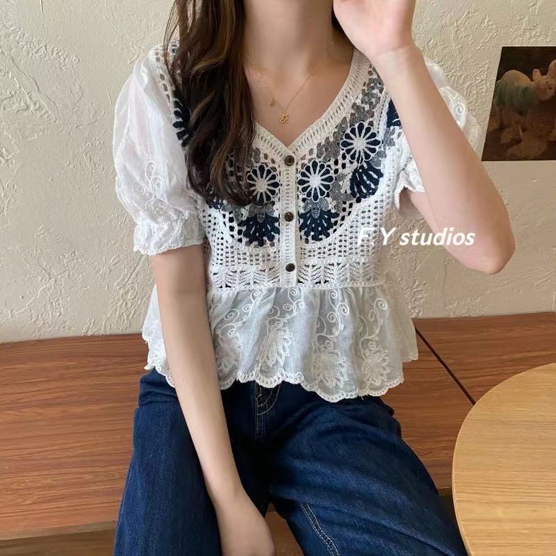 พร้อมส่ง NO.107 NEW ARRIVALS เสื้อแขนสั้นผ้าฉลุลายลูกไม