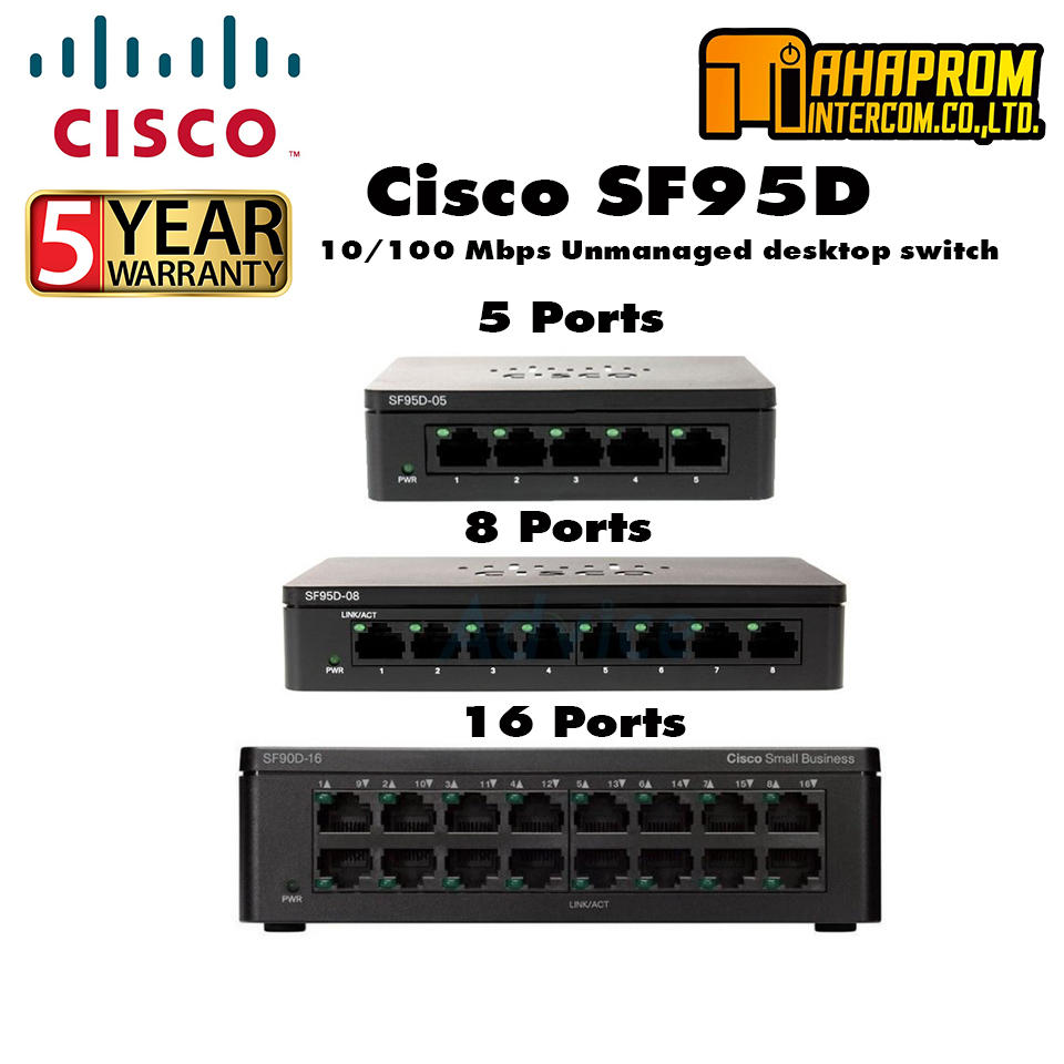 Cisco Sf95d-05/08/16 Unmanaged Desktop Switch ขนาด 5/8/16 Port ความเร็ว 10/100 Mbps. 