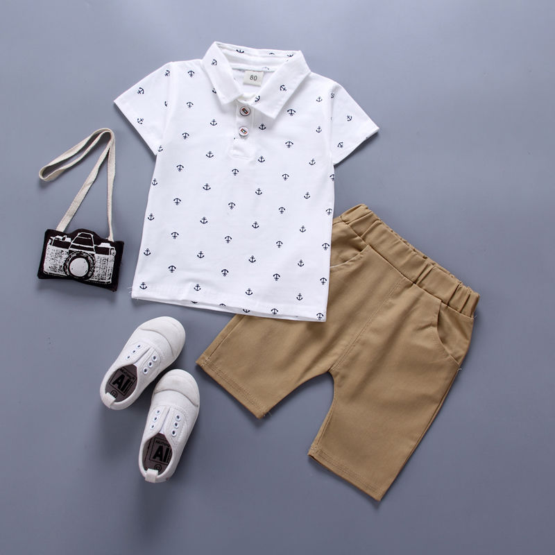 80-120cm Baby Boys Korean Polo Shirt Suit Two-piece Allover Printing Cotton Shorts Set for 1-6 Years Old