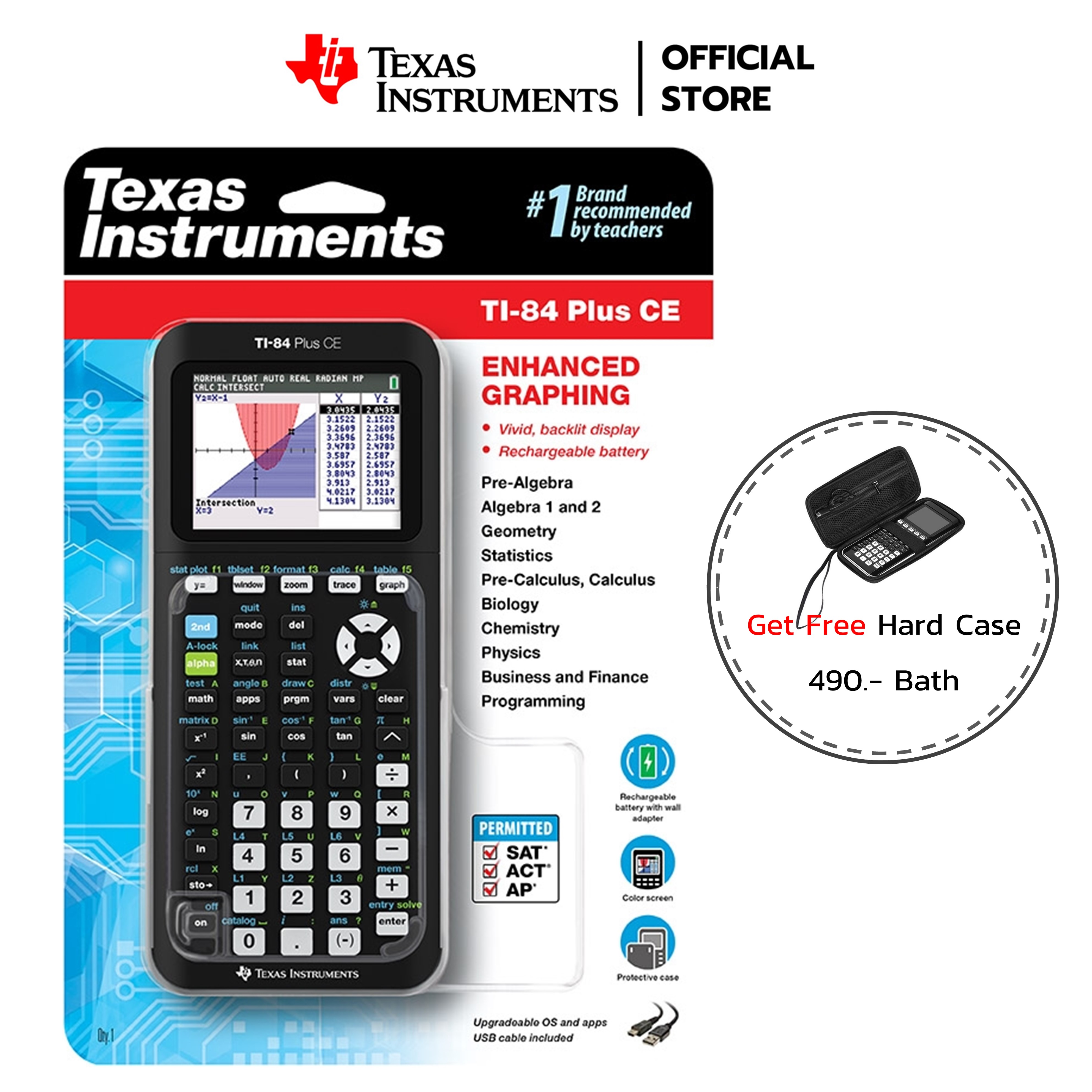 Texas Instruments - TI-84 plus CE Graphing Calculator เครื่องคิดเลขกราฟิค  (Black) / Opentech Co.,Ltd. Sole Distributors Texas Instruments Calculator (Thailand) [Free Hard Case]