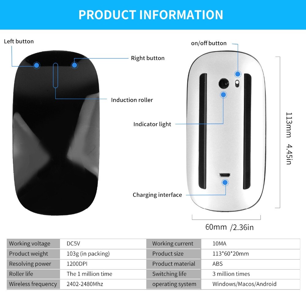 Bluetooth Wireless Magic Mouse Silent Rechargeable Laser Computer Mouse ...