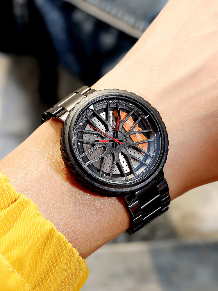 เย็นรถฮับนาฬิกาผู้ชายสร้างสรรค์รถสปอร์ตโลหะเบรกคีมกันน้ำสีดำเทคโนโลยีกลชายนาฬิกาน้ำ