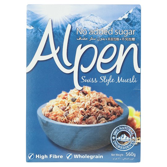 อัลเพน มูสลี่เกล็ดข้าวโอ๊ตและข้าวสาลีผสมผลไม้ถั่ว สูตรไม่มีน้ำตาล 560 ก.