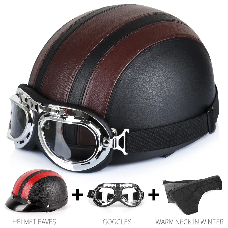 Retro Leather Motorbike Helmet Motorcycle Riding Vintage Cruiser ...