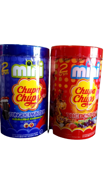 mini chupa chups จูปาจุ๊ป มินิ อมยิ้มรวมกลิ่นผลไม้และรสโคล่า1กระปุก 50 ชิ้น (1 jar of 50 pieces)