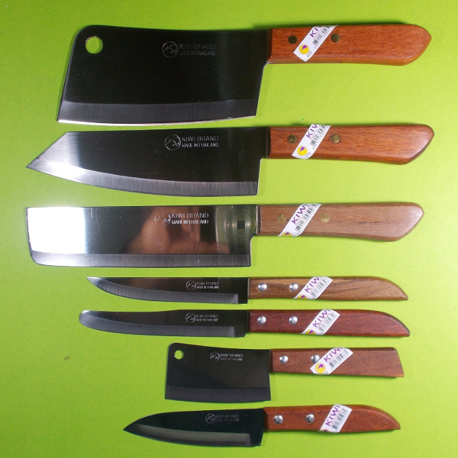 Kiwi มีดทำครัวไทยชุด 7 อัน 503 504 502 501 172 173 830 ใบมีดคมทำด้วยสแตนเลส ด้ามไม้ สวยงาม สำหรับหั่นเนื้อ สับหมู มีดปังตอ มีดปอกผลไม้ กีวี Knife Knives set Blade Stainless steel Wood Handle