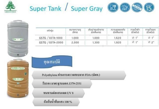 ถังเก็บน้ำบนดิน 1000 ลิตร รุ่น Super Gray (สีเทา) ตรากรีนทรี by ตราเพชร
