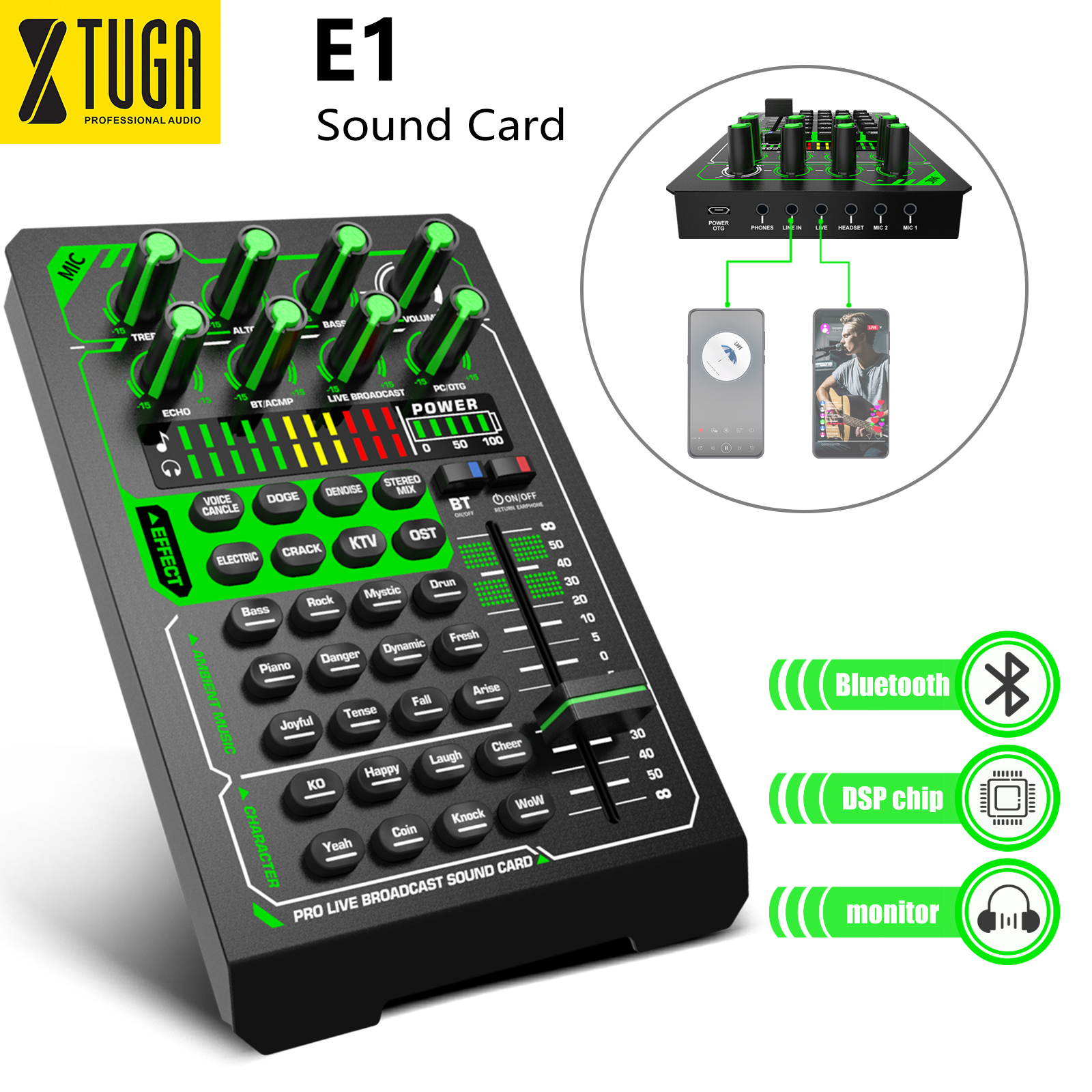 XTUGA E1 บลูทู ธ Live Sound Card ชุดอินเทอร์เฟซชุดหูฟังภายนอกไมโครโฟนสเตอริโอสำหรับโทรศัพท์ PC Youtube Tik-Tok Live Record