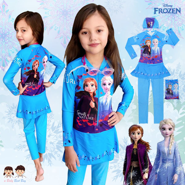 Swim suit for Girls Disney Frozen ชุดว่ายน้ำเด็กผู้หญิง สีฟ้า บอดี้สูทเสื้อแขนยาวกระโปรงกางเกงขายาว สุดน่ารัก ใส่สบาย