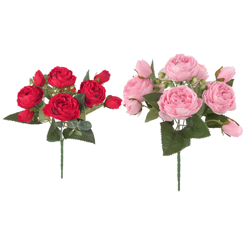2 Pcs Artificial Peony Flowers Bouquet Fake Flowers for Wedding Bridal Home Decoration, 5 Forks, 9 Heads, Red & Pink