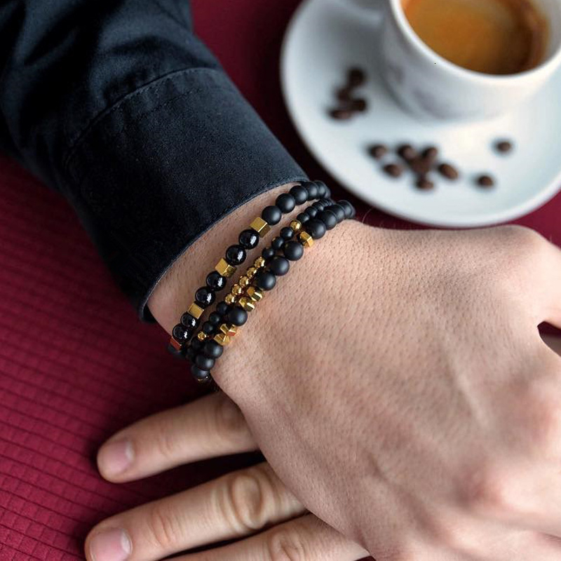 20213 Pcsset Fashion Cube Bead Bracelet Men Matte Black Stone Bead Bracelet Sets For Men Jewelry