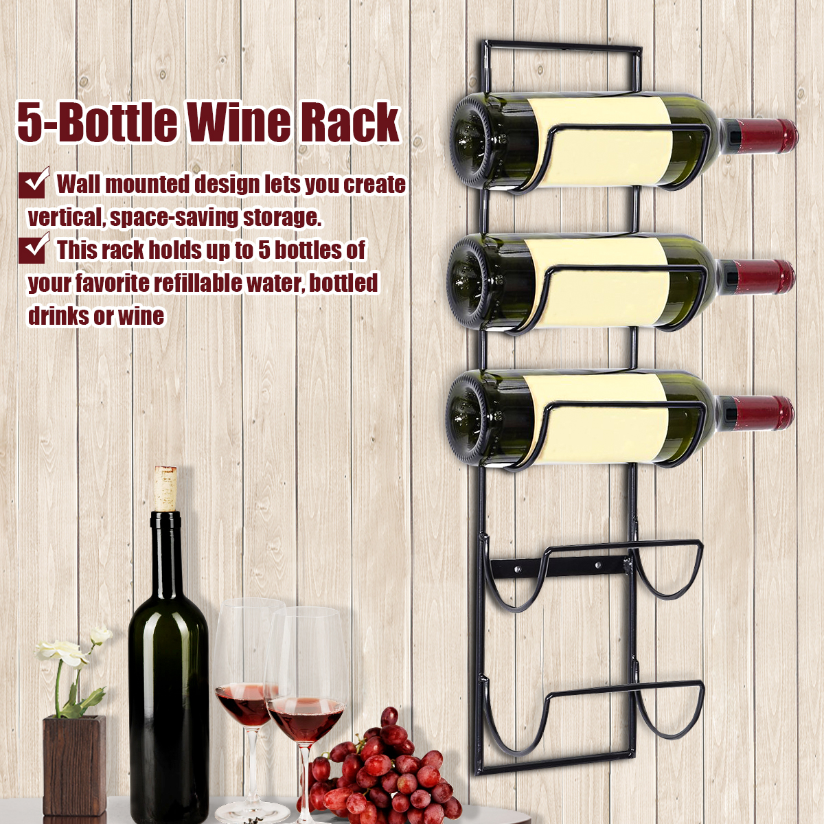 5 Bottle Iron Wall Mounted Wine Holder Simple Hanging Wine Rack Storage Holder Shelf Bar Kitchen