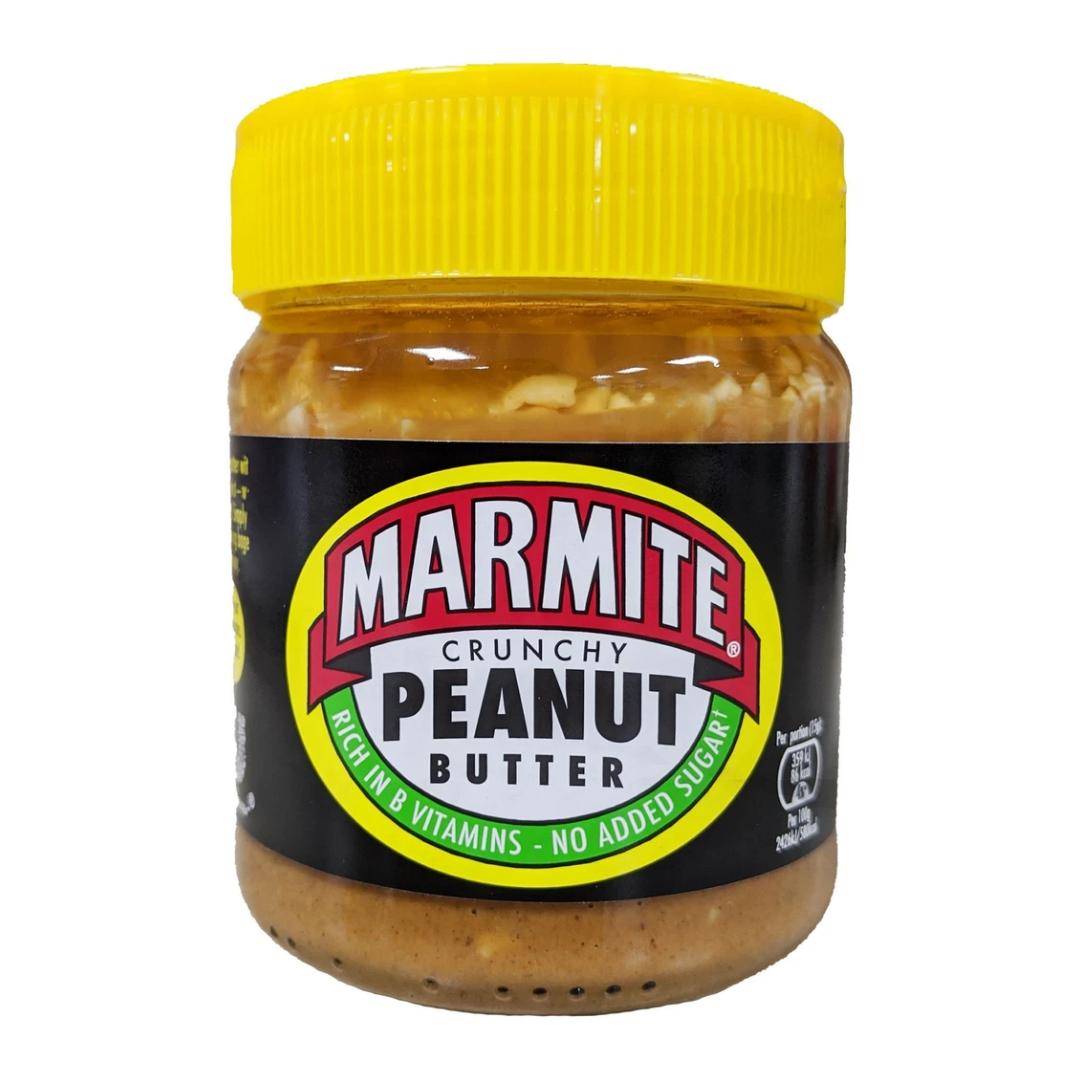 Marmite Peanut Butter มาร์ไมท์ พีนัท บัตเตอร์ เนยถั่วลิสง ชนิดบดหยาบ ผสมยีสต์ ขนาด 225 กรัม สเปรดทาขนมปัง มีวิตามินBสูง สินค้านำเข้าจากอังกฤษ