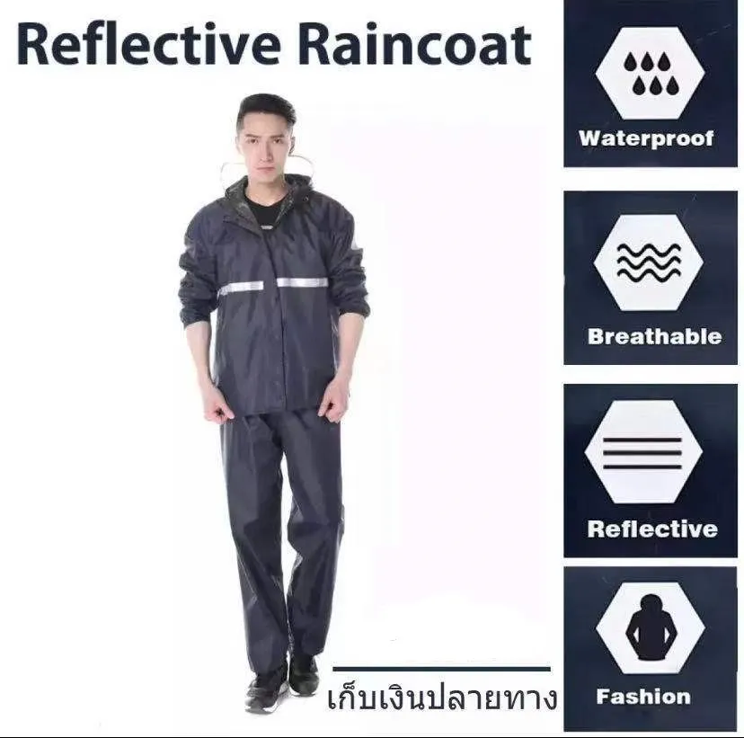 SASA ชุดกันฝน ชุดกันฝน ครบชุด เสื้อกันฝนแบบชิ้นเดียว เสื้อกันฝน สีกรมท่า มีแถบสะท้อนแสง ชุดกันฝนแบบหน้า แบบหนา raincoat orkmrt