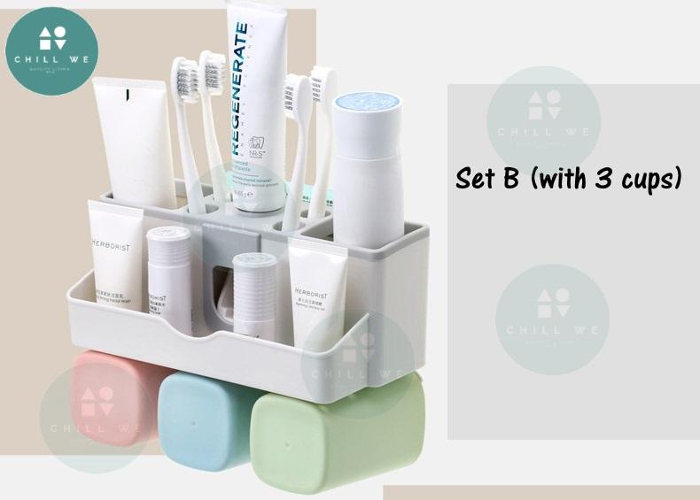 Toothpaste Dispenser Set ชุดแก้วน้ำพร้อมช่องบีบยาสีฟัน ช่องใส่ของ+แก้วน้ำ 2ใบ ALL IN ONE Multi function Automatic Toothpaste Dispenser and Toothbrush Holder Set Toothpaste Squeezing Device cups Bathroom Toilet