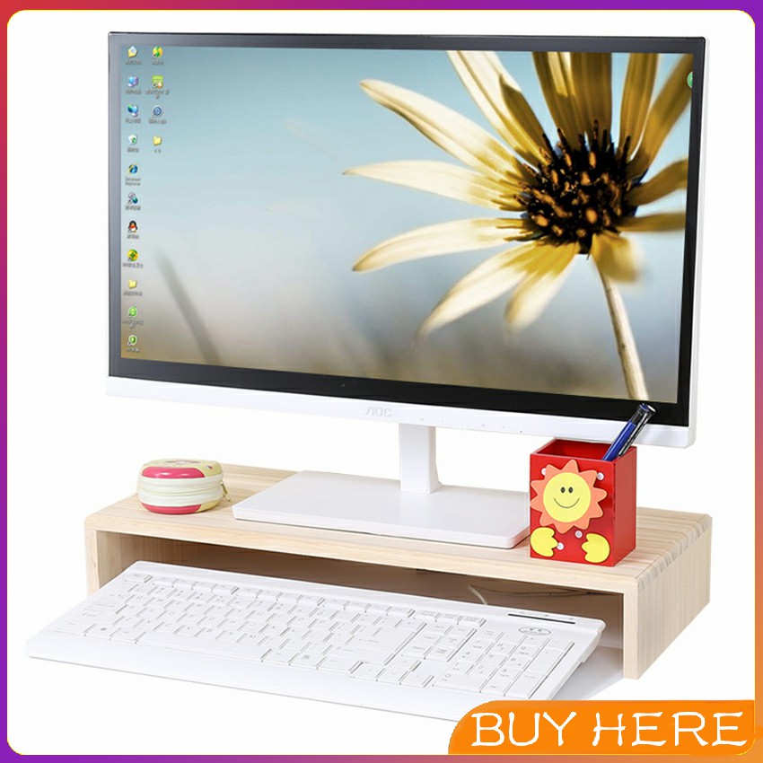 ชั้นไม้วางจอคอม ชั้นวางของบนโต๊ะ ช่องเสริม Raised shelf for computer ...