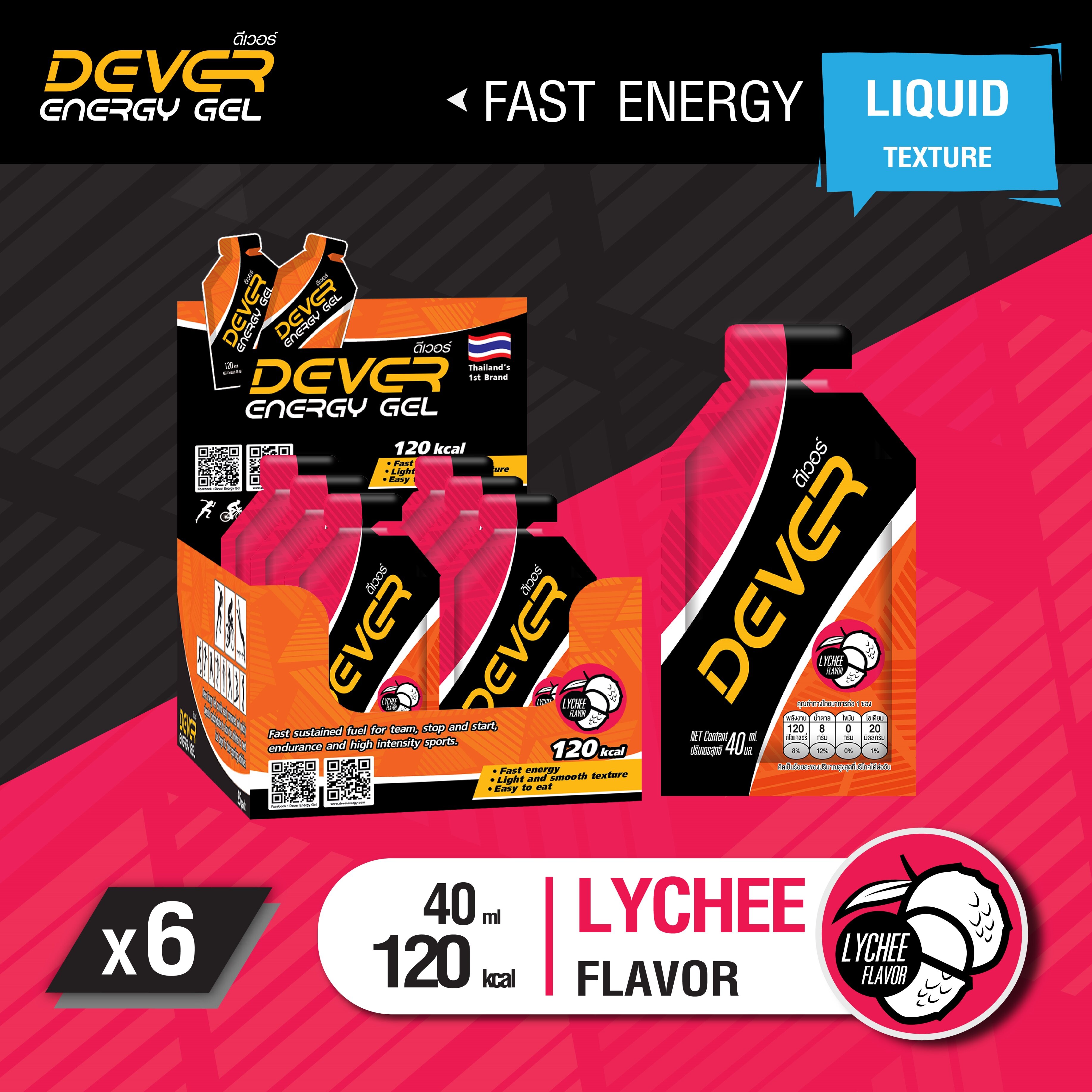 DEVER gel (vital energy) เกลือแร่ สำหรับนักวิ่ง นักกีฬา เจลให้พลังงาน เจลพลังงาน เจลนักวิ่ง เจลวิ่ง เครื่องดื่มให้พลังงาน > 40 ML ลิ้นจี่ 6 ซอง