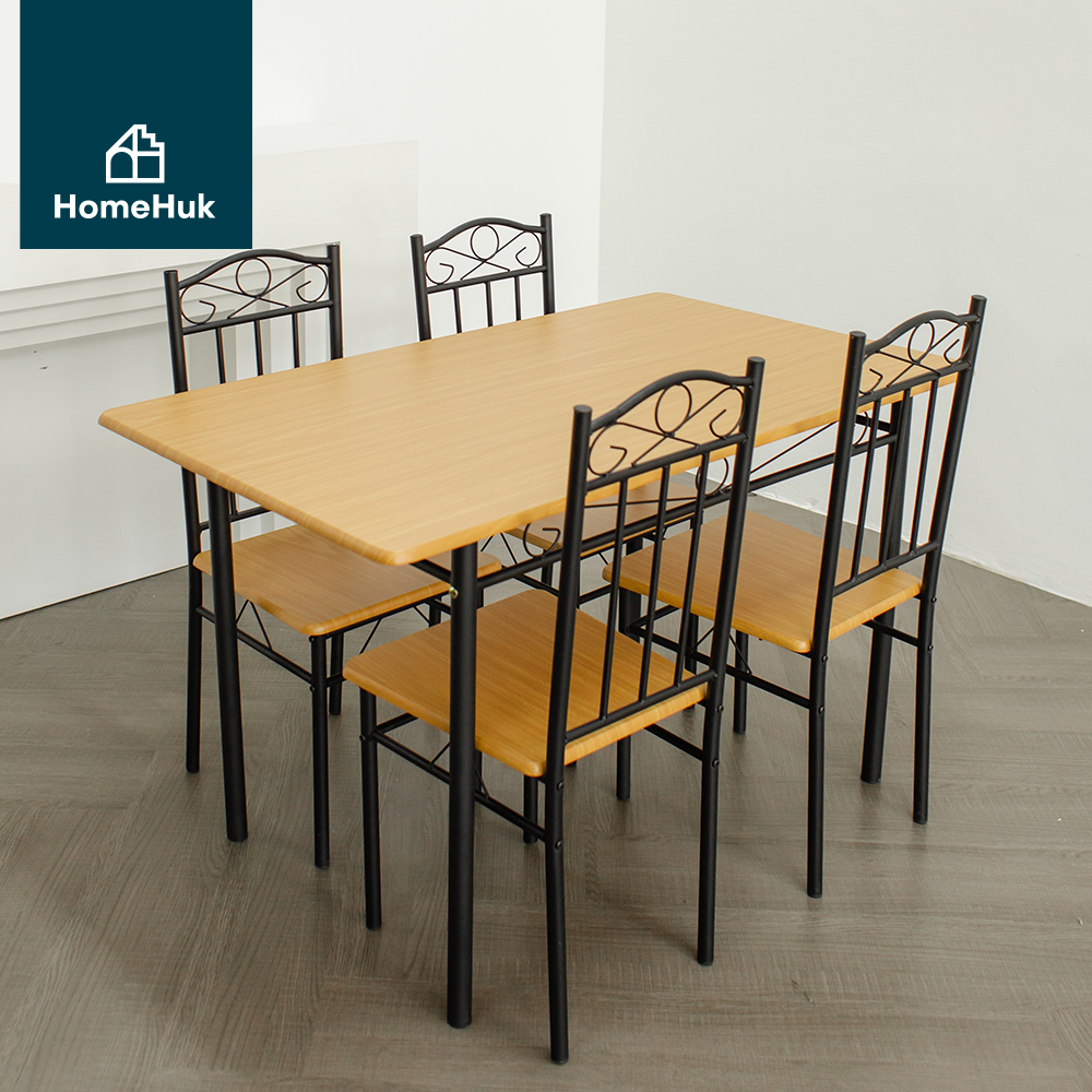 [มาใหม่] HomeHuk ชุดโต๊ะกินข้าว พร้อมเก้าอี้ 4 ที่นั่ง โครงเหล็ก 110x70x75 cm ท็อปไม้ MDF เคลือบเมลามีน ลายไม้ โต๊ะ โต๊ะไม้ โต๊ะกินข้าว โต๊ะอาหาร โต๊ะกินข้าว4คน ชุดโต๊ะอาหาร เก้าอี้กินข้าว โต๊ะ Black Steel MDF Dining Table Set with 4 Chairs Beech โฮมฮัก