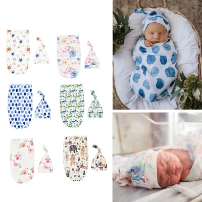 Newborn Blankets Infant Baby Boys Girls Sleeping Bag Swaddle Muslin Wrap Hat Set D7YD