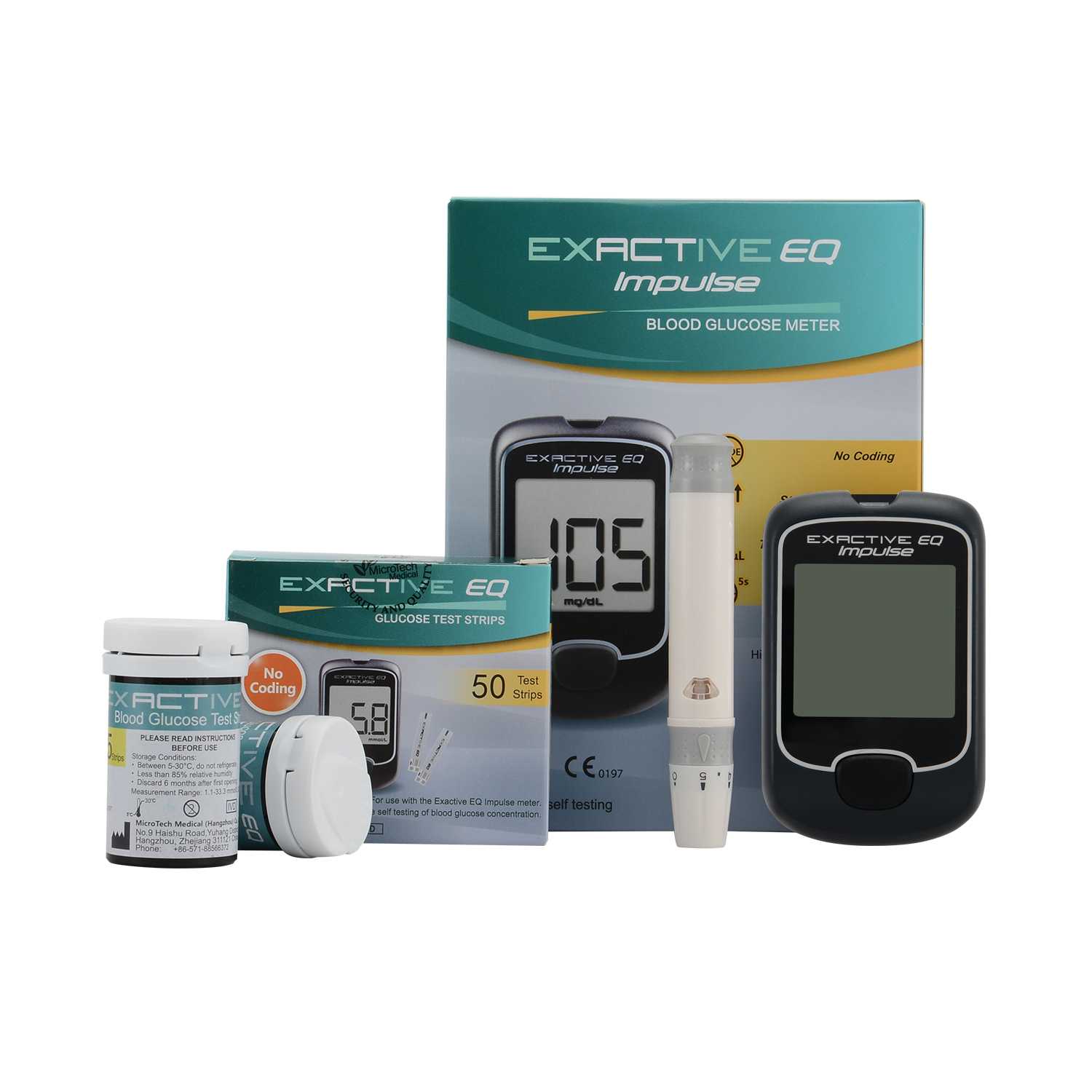 SALE?พร้อมจัดส่ง? เครื่องวัดระดับน้ำตาลในเลือด สำหรับผู้เป็นเบาหวาน EXACTIVE EQ Impulse Blood Glucose Meter  ?FREE Test Strip 50pcs+ Twist Lancets 50pcs?