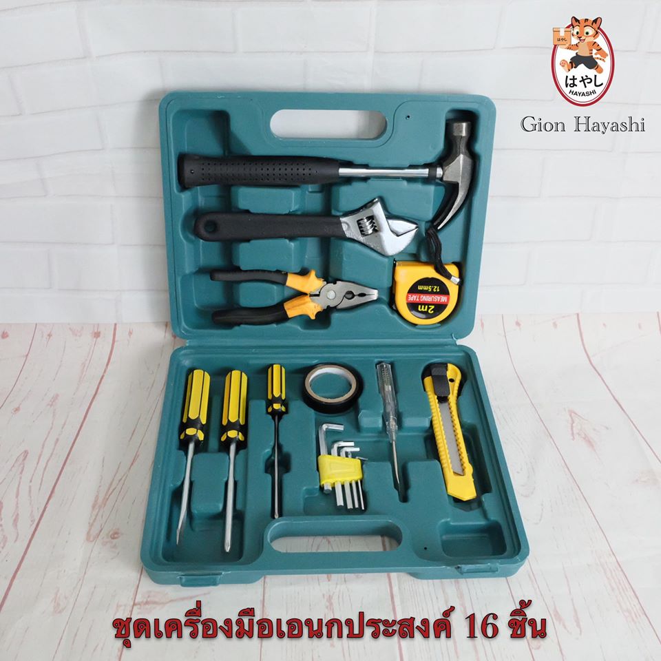 [ YL-8016 ] Hayashi - Professional Tools Set ชุดเครื่องมือช่างอเนกประสงค์ ขนาดพกพา อุปกรณ์ครบครัน จำนวน 16 ชิ้น (16 in 1) พร้อมกระเป๋าพลาสติกกันกระแทก (สีเขียว)