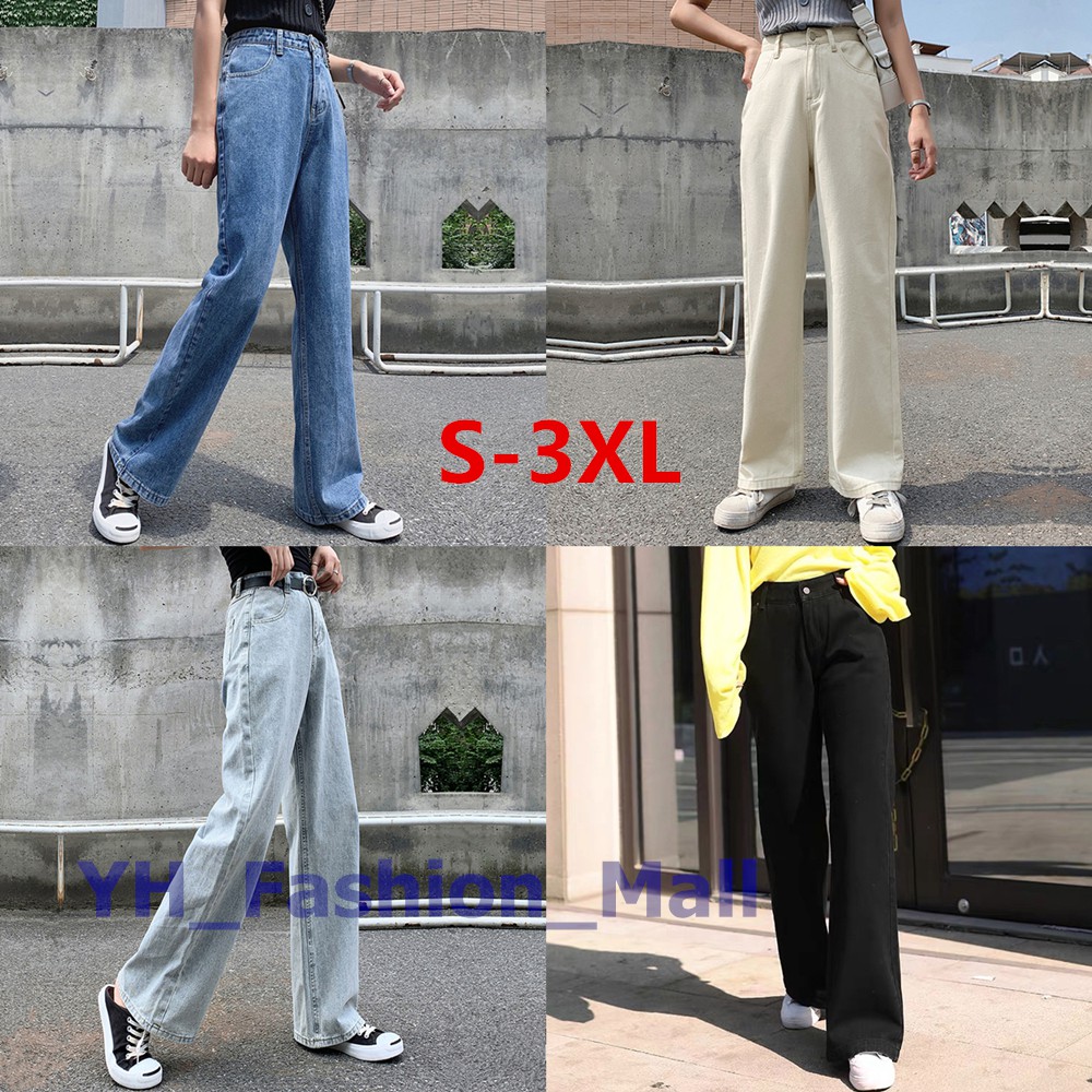 เสื้อผ้า❖◈ xunwong มีไซส์ S3XL เสื้อผ้าสตรี กางเกงยีนส์ เอวสูง แนววินเทจ เท้ากว้าง กางเกงยีนส์ว