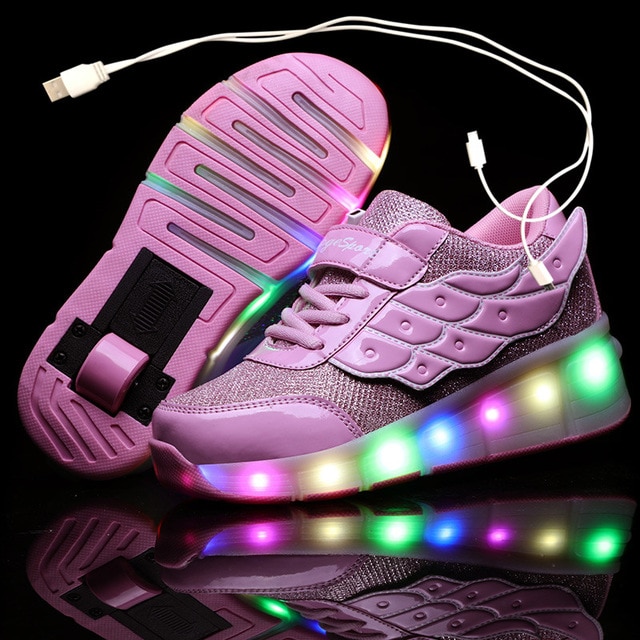 USB ชาร์จเด็กโรลเลอร์สเก็ตรองเท้าลำลองชายหญิงอัตโนมัติ Jazzy LED ส่องสว่างกระพริบเด็กรองเท้าผ้าใบเรืองแสงที่มีล้อ