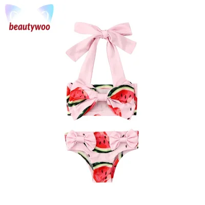 beautifultime Bikini Sets Swimwear Kid Baby Girls Watermelon Print Bowknot Two-Piece Swimsuits Children Girl Beachwear Halter Crop Tops Shorts