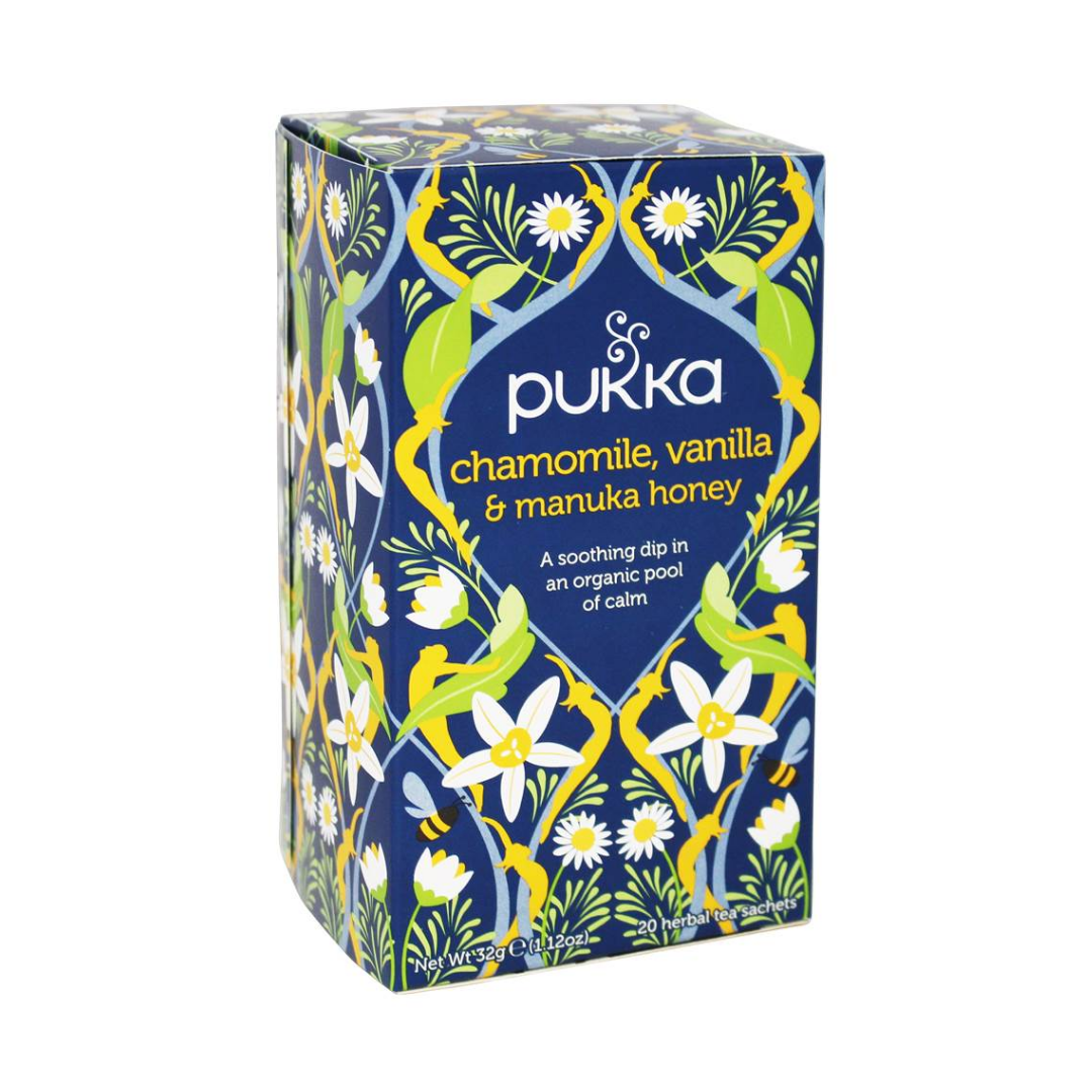 PUKKA ชาสมุนไพร ออแกนิคแท้100% ผสมดอกคาโมมายด์+วนิลา+น้ำผึ้งมานูก้า กลิ่นหอมอโรม่า ช่วยให้ผ่อนคลาย บรรจุกล่องละ 20 ซอง PUKKA HERBAL TEAS
