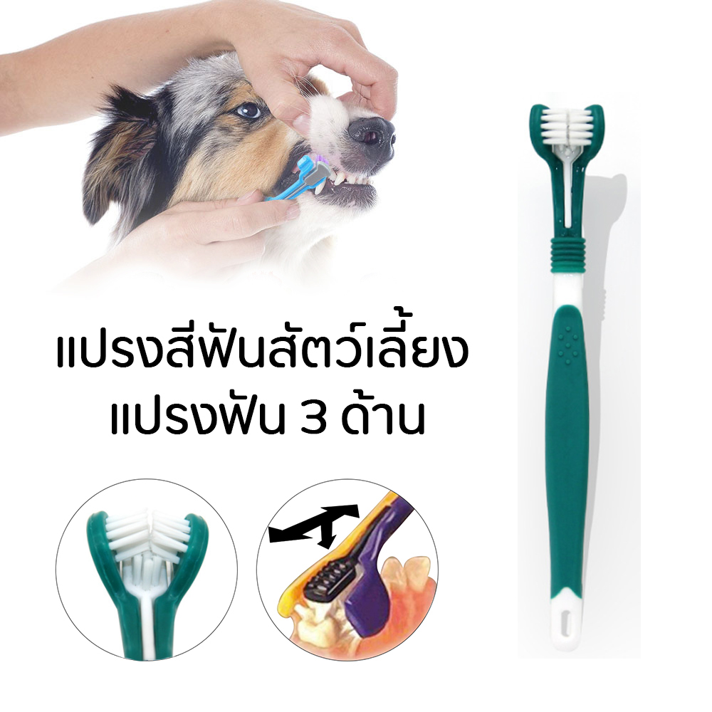 Pet Toothbrush แปรงสีฟันสัตว์เลี้ยง แปรงฟัน 3 ด้าน พร้อมที่แปรงลิ้น สำหรับแปรงฟันและนวดเหงือก สำหรับสุนัขและแมว ขนาด 17x2.5 ซม.