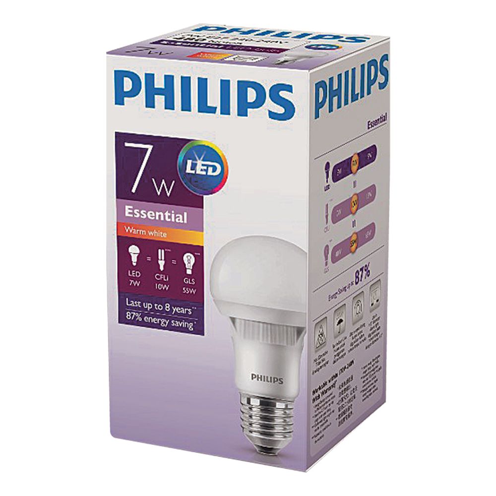 ฟิลิปส์ หลอดไฟขั้ว E27 LED Essential 7 วัตต์ แสงเหลือง/Philips bulb E27 LED Essential 7 Watt Warm white