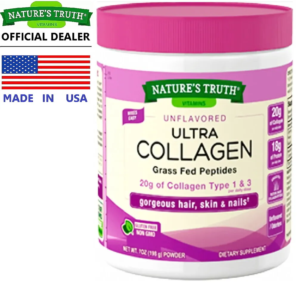 Nature’s Truth Ultra Collagen Powder 198 กรัม เนเจอร์ ทรูทร์ อัลตร้า คอลลาเจน ชนิดที่ 1 & 3 เส้นผม ผิวหนัง เล็บ / กินร่วมกับ กรดอะมิโน เอแอลเอ พิกโนจีนอล กลูต้า เมล็ดองุ่นสกัด วิตามินซี อี โคคิว10 ไลโคพีน /