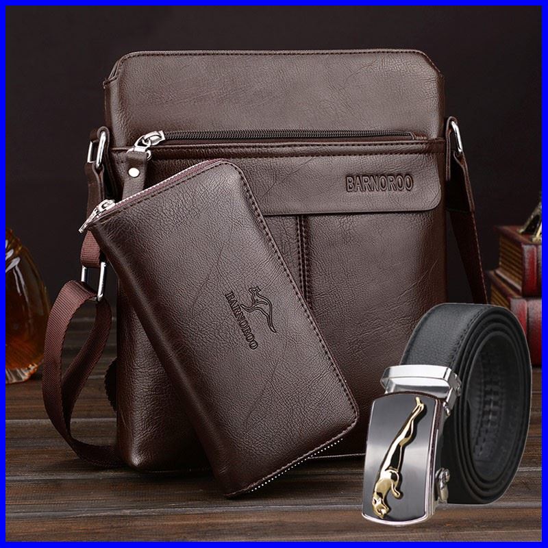 กระเป๋าสะพายหนังผู้ชาย + กระเป๋าสตางค์+เข็มขัดหนัง (ซื้อ 1 แถม2) กระเป๋า crossbody คุณภาพสูง บริการเก็บเงินปลายทาง