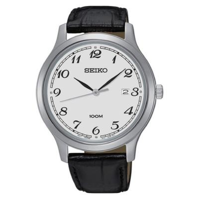 Karnvera Shop Seiko นาฬิกาข้อมือผู้ชาย Stainless Steel Black Leather Strap Band White Dial Men Watch SUR187