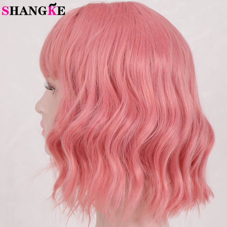 Shangke Short Water Wave Synthetic Bob Wig Hair With Bangs Heat Resistant Fiber Cosplay Wig For 