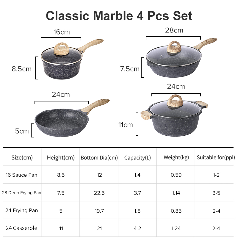 JEETEE 4 PCS Non Stick Kitchen Cookware Set（28CM deep frying pan+24CM frying  pan+24CM casserole+16CM saucepan)