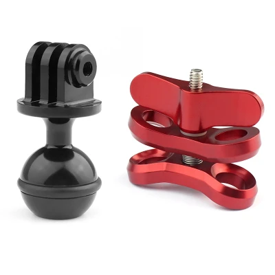 1 Pcs Diving Lights Ball Butterfly Clip Arm Clamp Mount Aluminum for Gopro Hero Camera Red & 1 Pcs CNC 360 Degree Rotation Ball Head Mount Tripod 2.5CM for Gopro Hero Cameras Black
