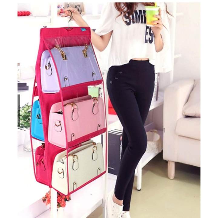 ที่แขวนกระเป๋า ชั้นแขวนกระเป๋า ชั้นวางกระเป๋า ที่วางกระเป๋า แบบ 6ใบ สีชมพู ส่งด่วนๆ polyshop pollyshop