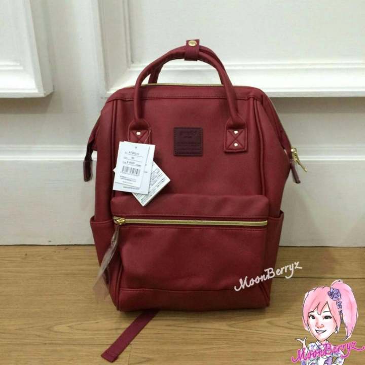 Anello กระเป๋าเป้สะพายหลัง รุ่นหนังนิ่ม PU Leather ของแท้ - สีแดงไวน์ Red Wine ไซส์มินิ MINI แบรนด์อเนลโล สุดฮิตจากญี่ปุ่น ขนาดเล็กกลางใหญ่พอดี สไตล์วินเทจ สีพาสเทลน่ารัก