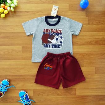 Baby Elegance ไซส์ 5-6 ปี เซ็ต 2 ชิ้น ชุดเด็กชาย เสื้อแขนสั้นสีเทา พิมพ์ลายลูกบอล ลูกรักบี้ ลูกเบสบอล ลูกบาส    กางเกงขาสั้นเอวยางยืดผ้าคอตต้อนทวิว (Cotton Twill Facric)