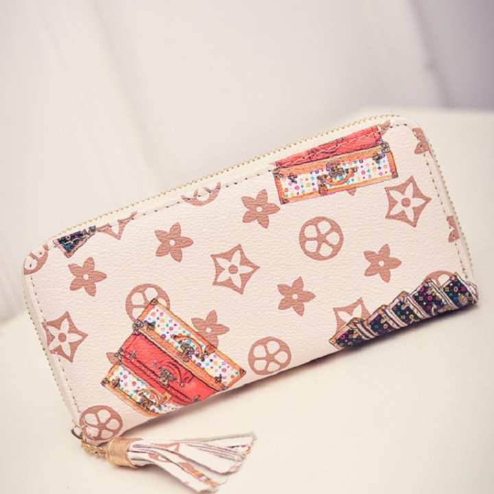 Bag Fashion กระเป๋าสตางค์ใบยาวลายวินเทจ สำหรับผู้หญิง รุ่น 0048(สีขาว)