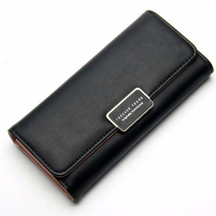 Bamboo-กระเป๋าสตางค์หนัง PU ทรงยาว สีพาสเทล รุ่น Classic สีดำ