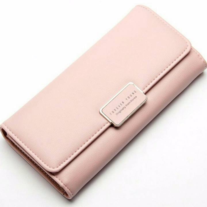 Bamboo-กระเป๋าสตางค์หนัง PU ทรงยาว สีพาสเทล รุ่น Classic สีชมพู