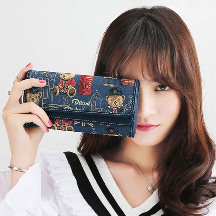 Beauty bag กระเป๋าสตางค์ใบยาว กระเป๋าเงินผู้หญิง กระเป๋าสตางค์น่ารัก ลายหมี รุ่น LW-033 (สีกรม)