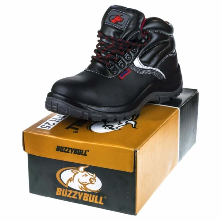 BUZZY BULL MPH25: รองเท้าเซฟตี้ หุ้มข้อ หนังวัวแท้ ผิวเรียบด้าน พื้นพียูสองสี กันน้ำมัน