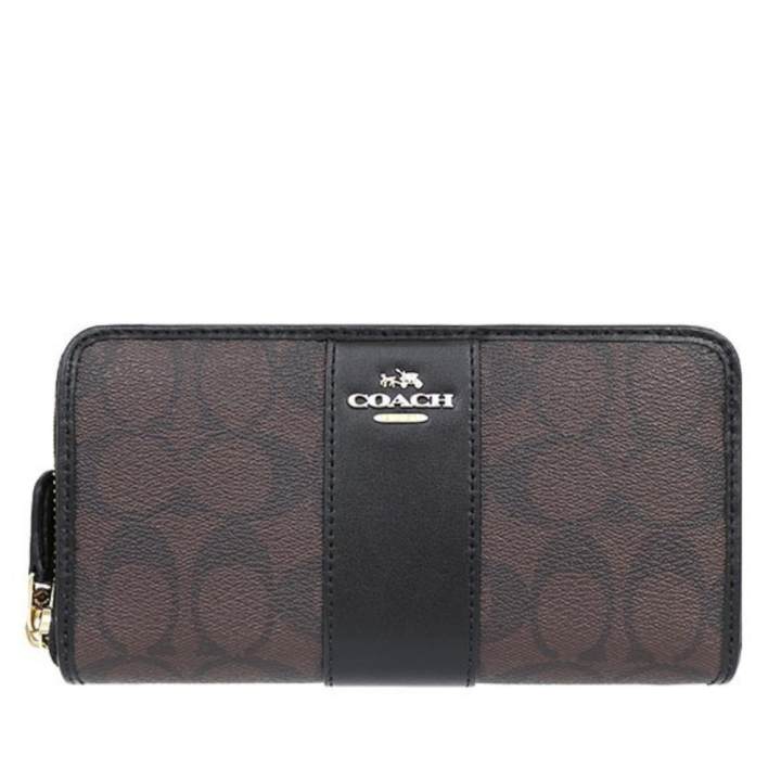 COACH กระเป๋า ACCORDION ZIP WALLET IN SIGNATURE COATED CANVAS WITH LEATHER STRIPE F54630 IMAA8(IM/ BROWN/BLACK)